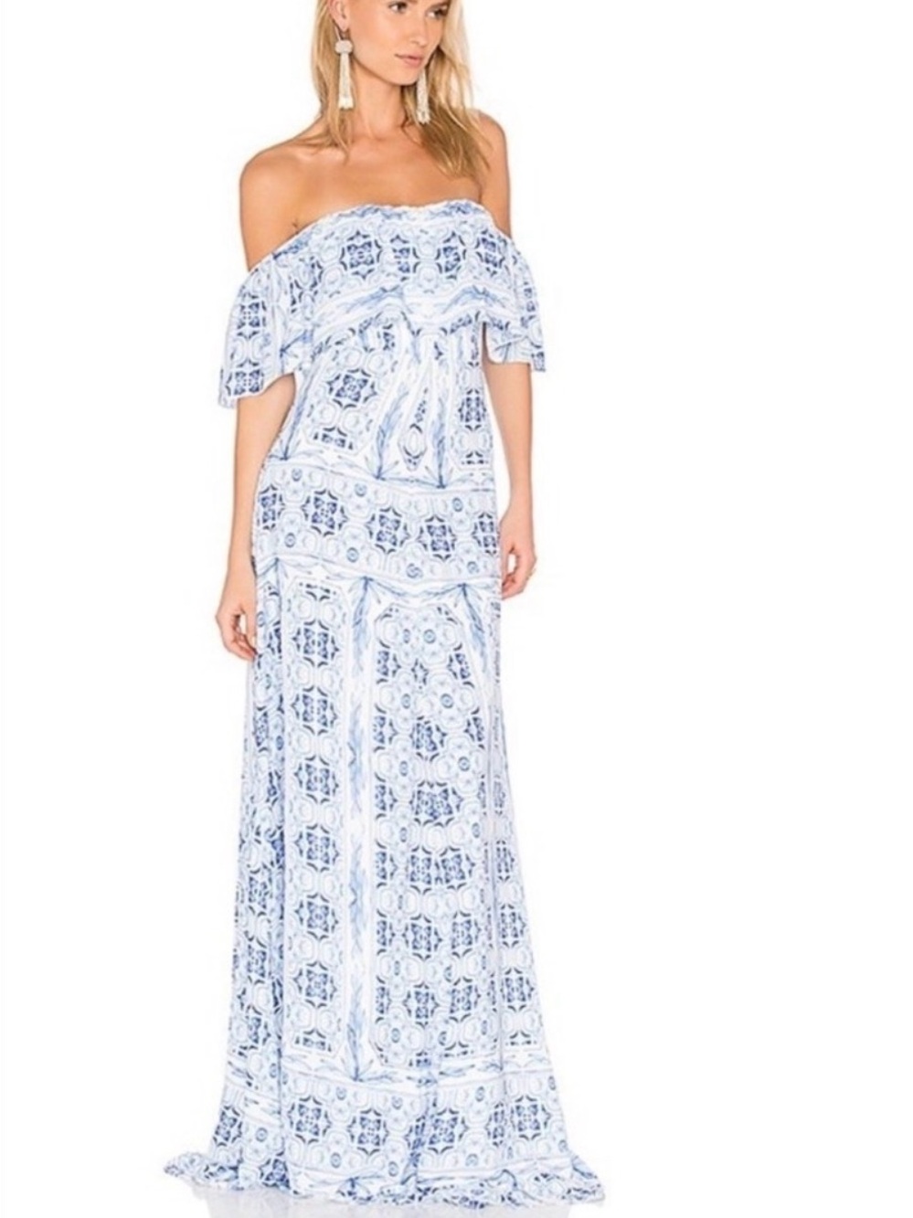 Amanda Uprichard Blue and White Off-Shoulder Maxi Dress